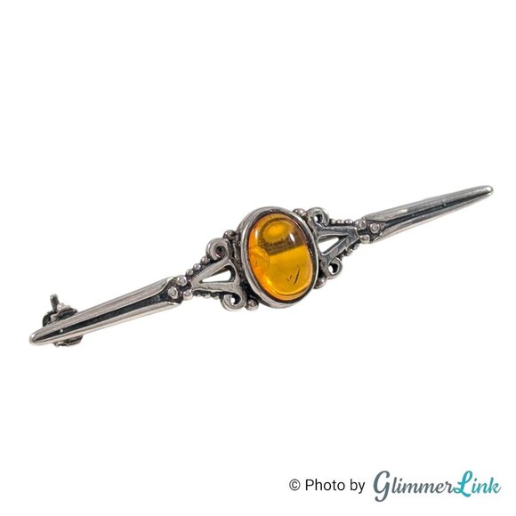 Vintage Amber Cabochon Mid Century Sterling Silver Bar Brooch AS IS - Picture 1 of 11
